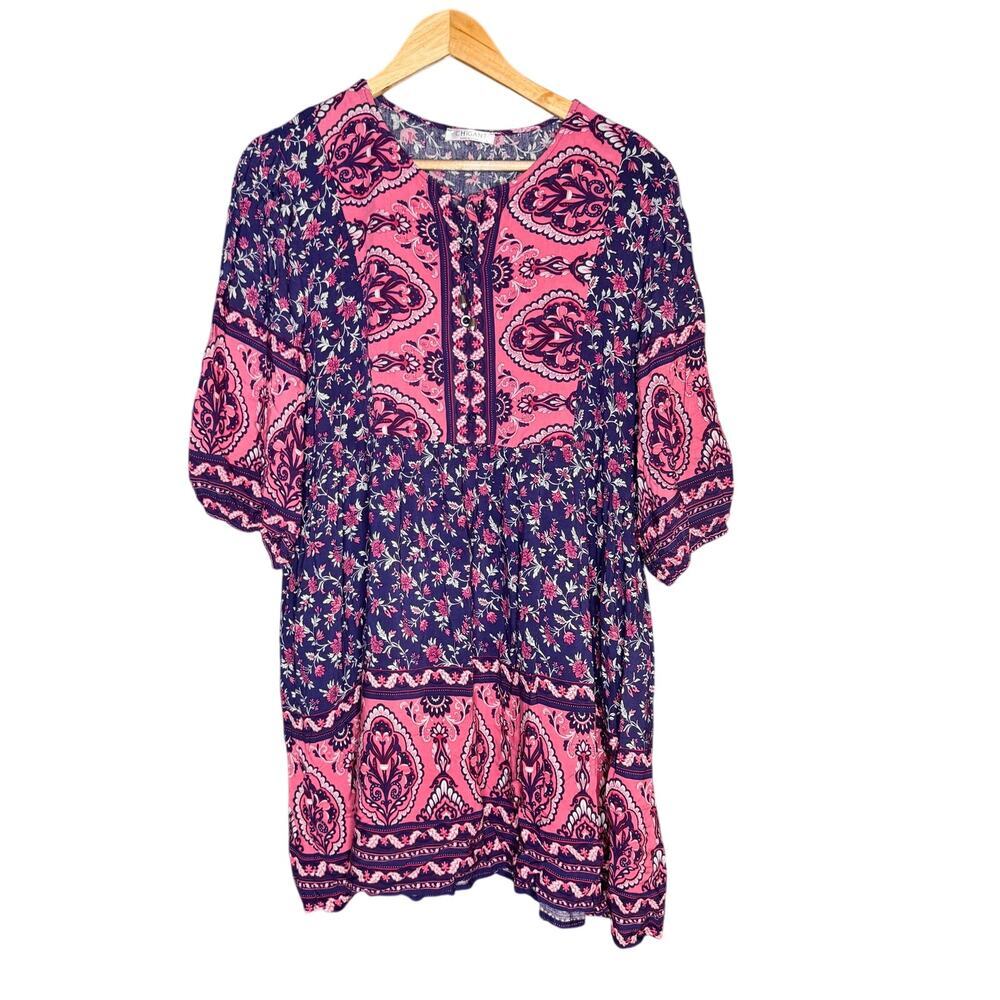 CHIGANT Womens Large Boho Mini Dress Floral Paisley Tassel Tie 3/4 Sleeve